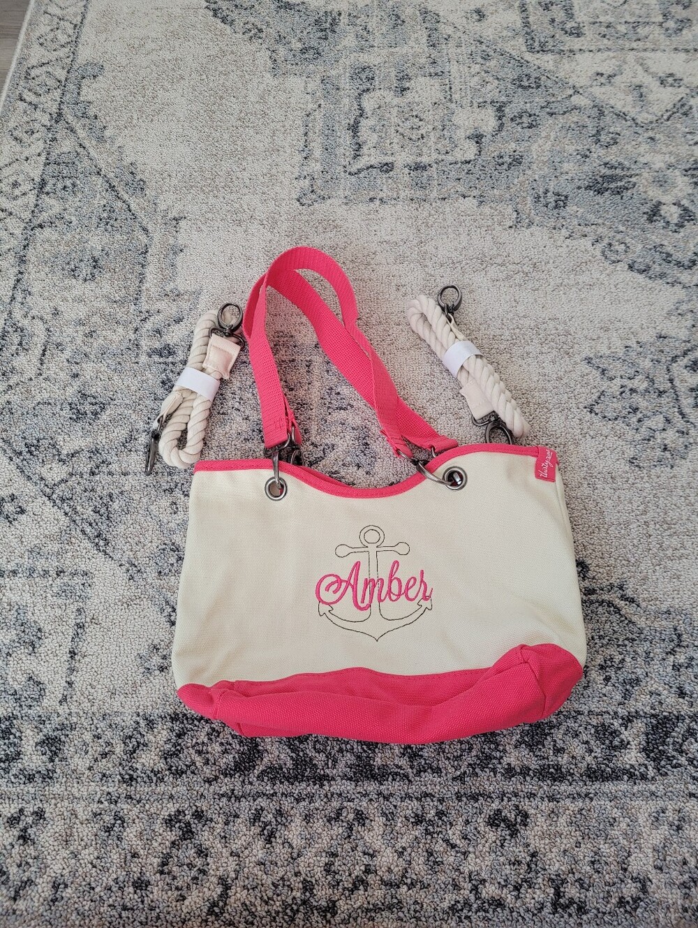 Thirty One Women's Canvas Tote Bag with Pink Trim and Anchor Embroidery